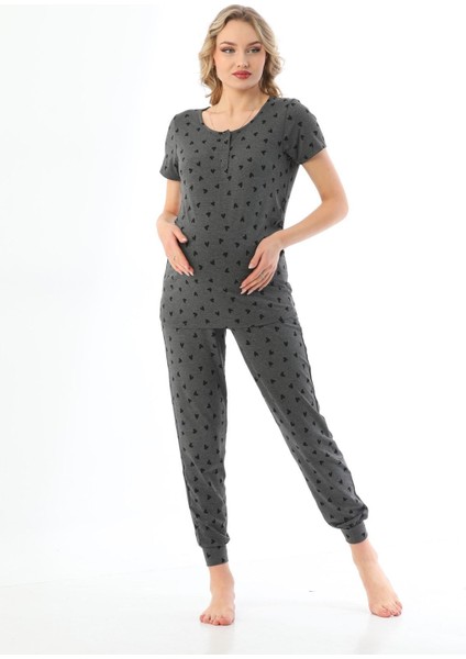Hamile Kalp Desenli Esnek Kumaş Pijama Takım modelleri