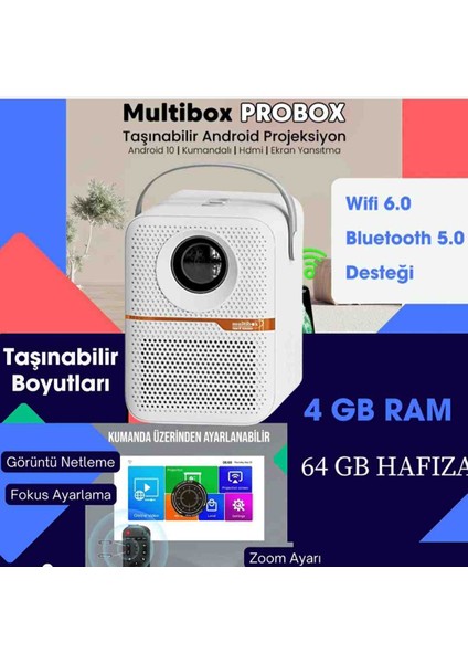 Taşınabilir Android projeksiyon Cihazı Multibox 4/64 GB Android , iOS uygulama ile ister telefon ister tablet cihazlarınıza kablosuz olarak bağlantı yapılabilir