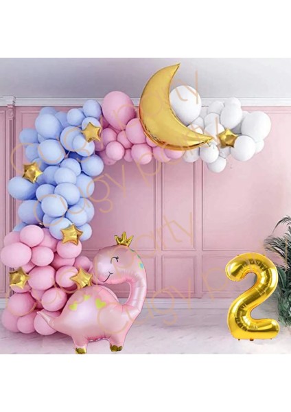 Pembe Dinazor Ay Yıldız Detaylı Yaş Seçenekli Balon Doğum Günü Yeni Doğan Balon Parti Kutlama Seti