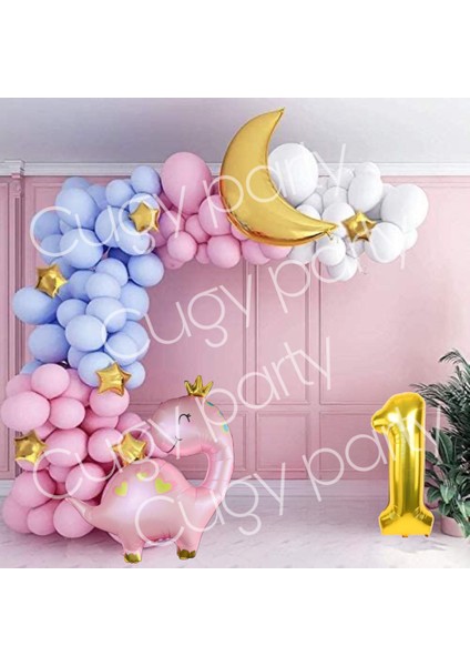 Pembe Dinazor Ay Yıldız Detaylı Yaş Seçenekli Balon Doğum Günü Yeni Doğan Balon Parti Kutlama Seti