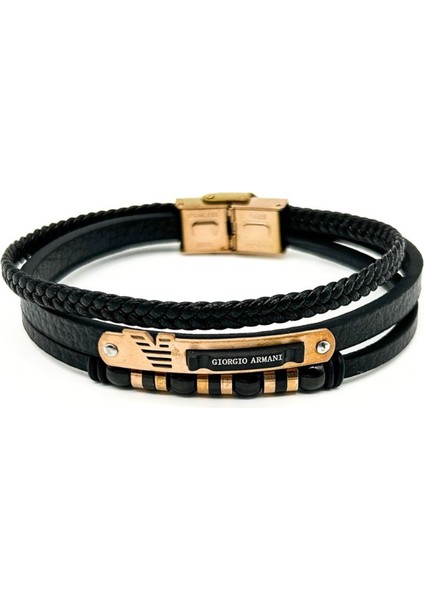 Çelik ve Deri Hasır Örme Erkek Bileklik