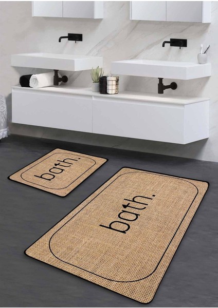 Kaymaz Taban Yıkanabilir 2’li Banyo Paspası, Jüt Görünüm, 60x100 cm ve 50x60 cm