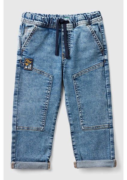 Erkek Çocuk Denim Beli Lastikli Büzgü Ipli Kıvrık Paça Denim Pantolon - Mavi