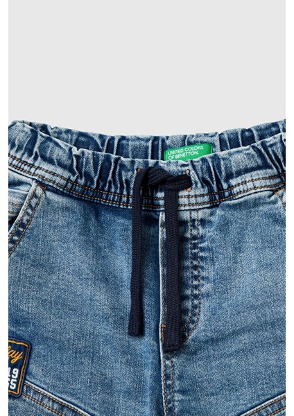 Erkek Çocuk Denim Beli Lastikli Büzgü Ipli Kıvrık Paça Denim Pantolon - Mavi modelleri