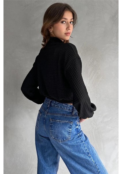 Kadın Dik Yaka Yarasa Kol Dokulu Crop Bluz modelleri