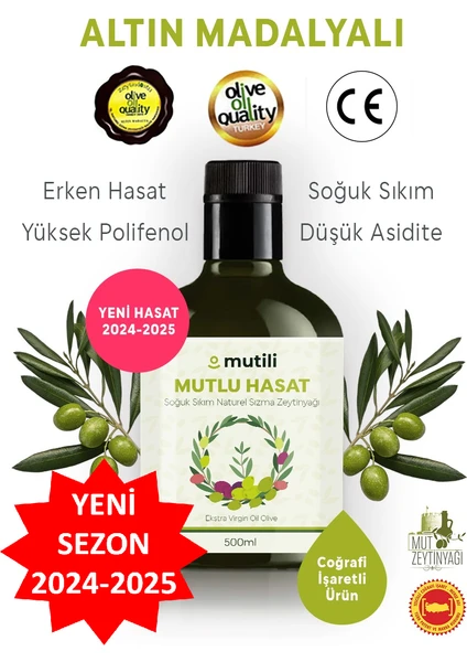 Soğuk Sıkım Zeytinyağı 500 ml Yeni Sezon Zeytinyağı Mut Zeytinyağı Mutlu Hasat