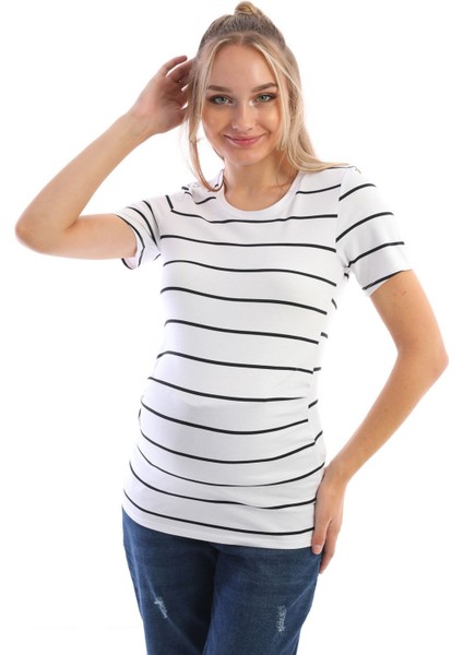 Hamile Çizgili Pamuklu Esnek Kumaş T-Shirt