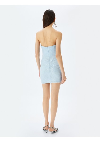 Straplez Yaka Dikiş Detaylı Mini Bodycon Pullu Elbise