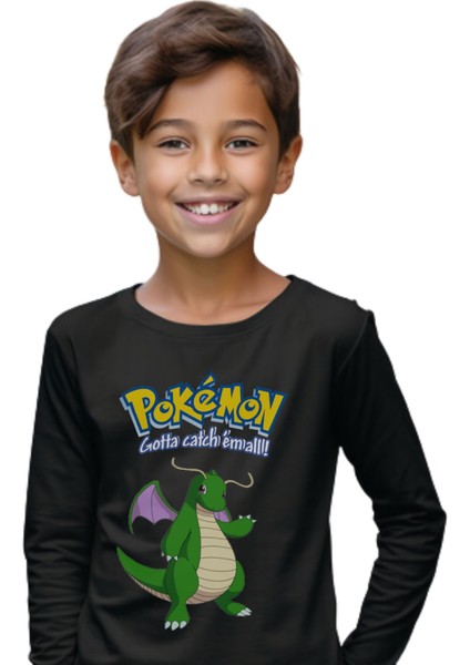 Pokemon Dragonite Tshirt Uzun Kol Çocuk Tişört Siyah