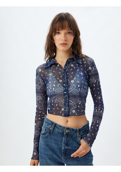 Yarı Transparan Tül Crop Gömlek Floral Desenli Uzun Kollu modelleri