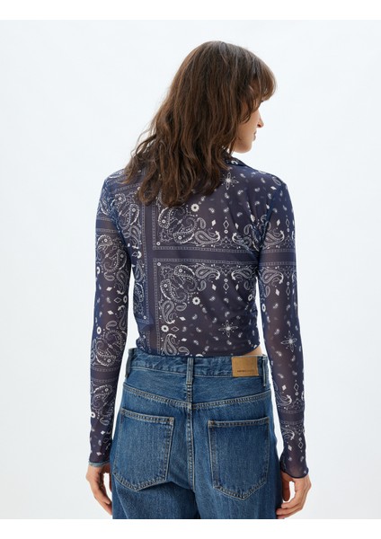 Yarı Transparan Tül Crop Gömlek Floral Desenli Uzun Kollu fırsatları