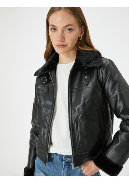 Biker Ceket Deri Görünümlü Toka ve Peluş Detaylı Cepli fiyatları