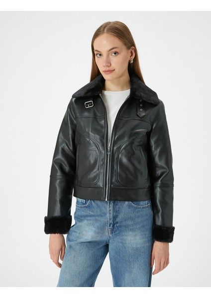 Biker Ceket Deri Görünümlü Toka ve Peluş Detaylı Cepli modelleri