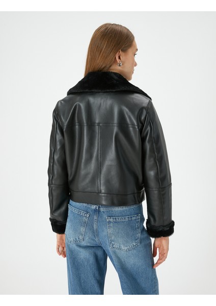 Biker Ceket Deri Görünümlü Toka ve Peluş Detaylı Cepli fırsatları