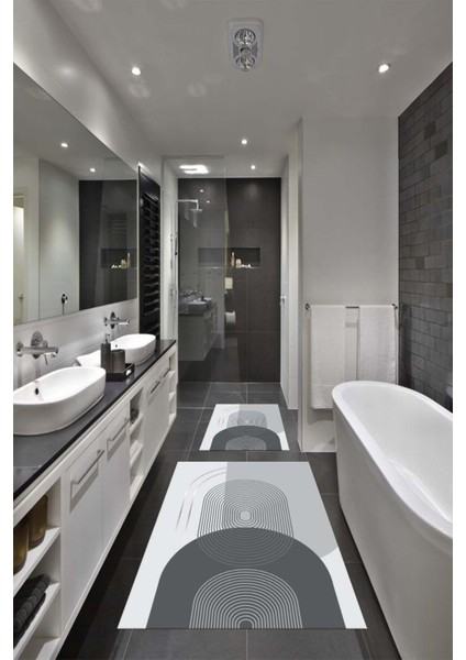 Yıkanabilir Banyo Paspası Takımı, Kaymaz Taban, Su Emici, 60x100 Gri Beyaz