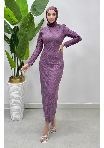 Simli Tül Abiye Elbise 5517-05 Gül Kurusu