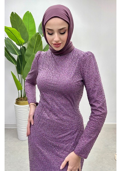 Simli Tül Abiye Elbise 5517-05 Gül Kurusu fırsatları