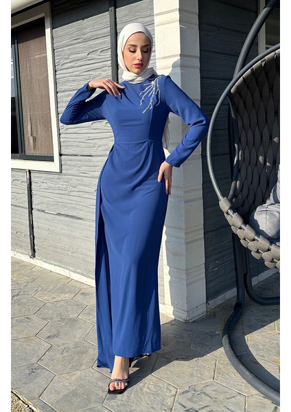 Önü Taşlı Abiye Elbise 5515-01 Indigo