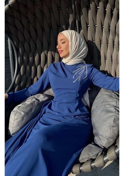Önü Taşlı Abiye Elbise 5515-01 Indigo modelleri