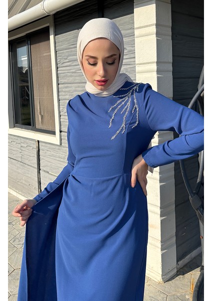Önü Taşlı Abiye Elbise 5515-01 Indigo fırsatları