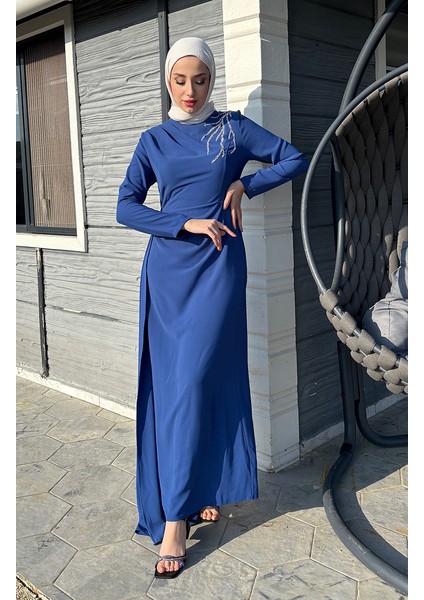 Önü Taşlı Abiye Elbise 5515-01 Indigo indirimleri