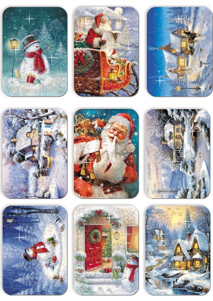 9lu Simli Yılbaşı Kartpostal Seti Yeniyıl Postcard Christmas Noel Kardan Adam Noel Baba Nostalji