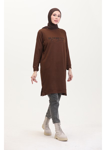 Baskılı Sweatshirt 0540-03 Kahverengi