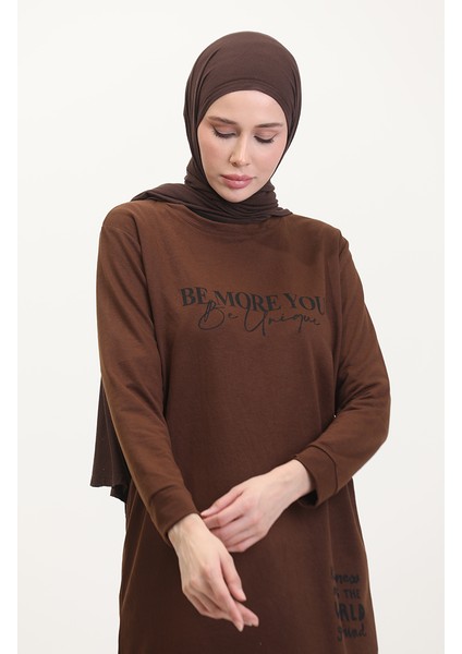 Baskılı Sweatshirt 0540-03 Kahverengi modelleri