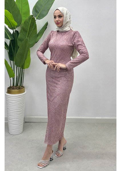 Simli Tül Abiye Elbise 5517-02 Pudra