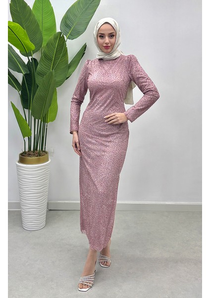 Simli Tül Abiye Elbise 5517-02 Pudra fiyatları