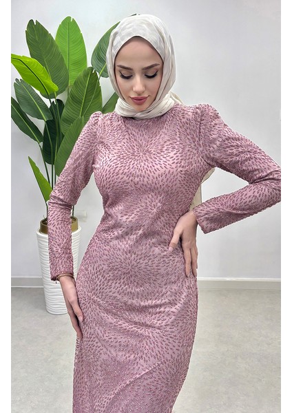 Simli Tül Abiye Elbise 5517-02 Pudra fırsatları