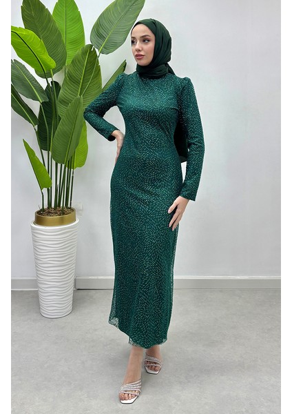 Simli Tül Abiye Elbise 5517-03 Zümrüt Yeşili