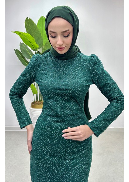 Simli Tül Abiye Elbise 5517-03 Zümrüt Yeşili fiyatları