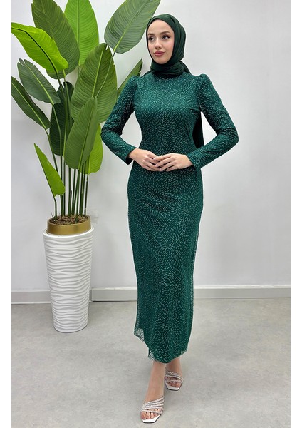 Simli Tül Abiye Elbise 5517-03 Zümrüt Yeşili modelleri