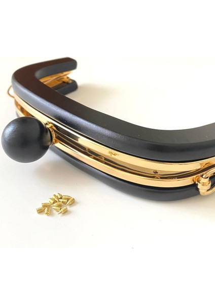 Çanta Bursu Ahşap Oval Boncuklu Siyah ve Metal Şeritli 20 cm