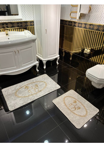 At Desenli 2'li Kaymaz Taban Banyo Paspas Takımı, Altın, Polyester, 60x100 ve 60x50