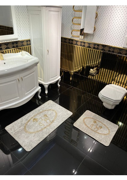 At Desenli 2'li Kaymaz Taban Banyo Paspas Takımı, Altın, Polyester, 60x100 ve 60x50 fiyatları