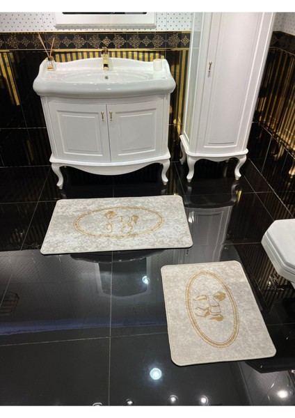 At Desenli 2'li Kaymaz Taban Banyo Paspas Takımı, Altın, Polyester, 60x100 ve 60x50 modelleri