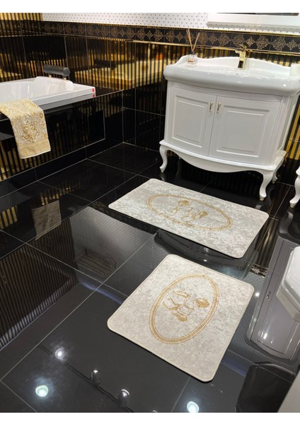 At Desenli 2'li Kaymaz Taban Banyo Paspas Takımı, Altın, Polyester, 60x100 ve 60x50 indirimleri