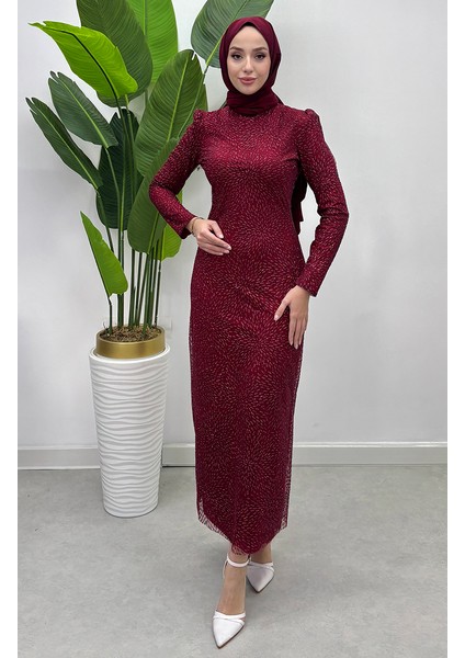 Simli Tül Abiye Elbise 5517-04 Bordo