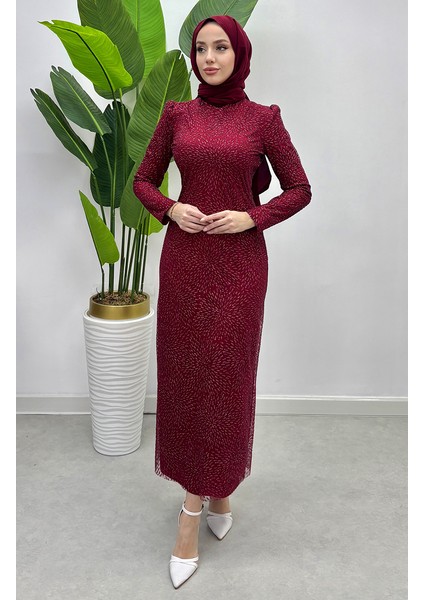 Simli Tül Abiye Elbise 5517-04 Bordo fiyatları
