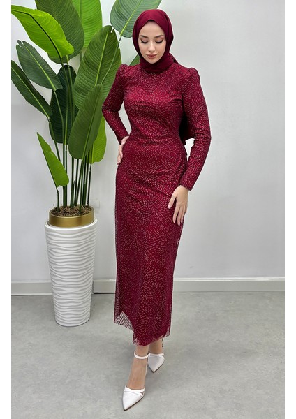 Simli Tül Abiye Elbise 5517-04 Bordo modelleri