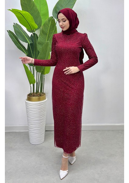 Simli Tül Abiye Elbise 5517-04 Bordo fırsatları