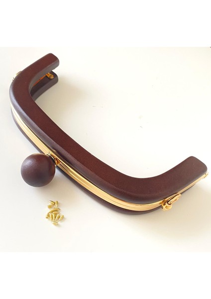 Çanta Bursu Ahşap Oval Boncuklu Koyu Kahve ve Metal Şeritli 20 cm