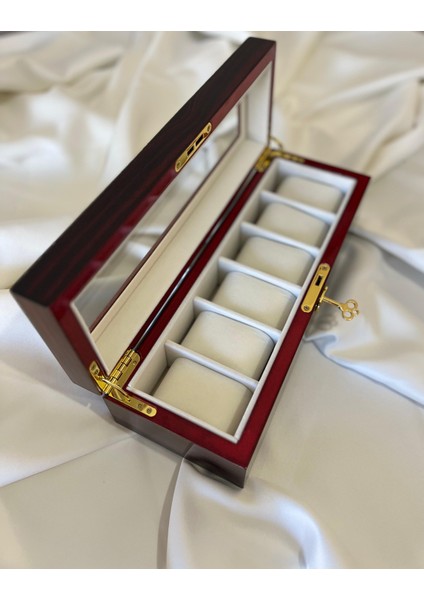 Premium Özel Seri Ahşap 6 Yuvalı Cam Kapaklı ve Kilitli Saat Saklama Kutusu