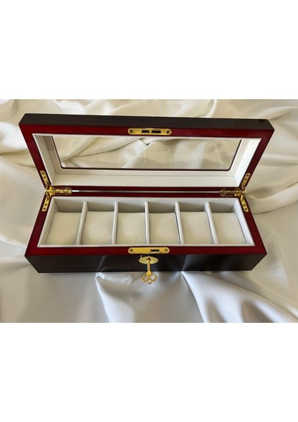 Premium Özel Seri Ahşap 6 Yuvalı Cam Kapaklı ve Kilitli Saat Saklama Kutusu