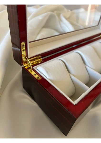 Premium Özel Seri Ahşap 6 Yuvalı Cam Kapaklı ve Kilitli Saat Saklama Kutusu