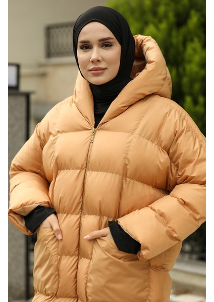 Kapitone Fermuarlı Şişme Mont 7001-04 Camel
