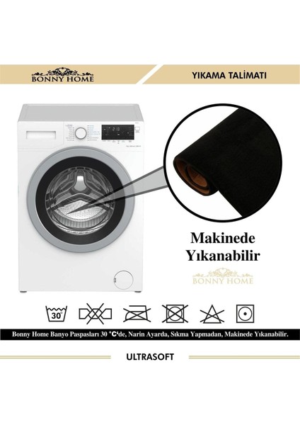 Yumuşak Siyah 3'lü Banyo Halısı Takımı, Kaymaz Taban, Makinede Yıkanabilir