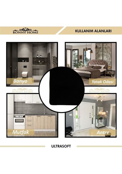 Yumuşak Siyah 3'lü Banyo Halısı Takımı, Kaymaz Taban, Makinede Yıkanabilir